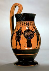 Olpe de figuras negras áticas que representa a Atenea confrontando a Poseidón, siglo VI a.C.