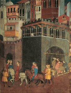 Efectos del Buen Gobierno en la ciudad, Procesión de la Nobleza en las calles de la ciudad, (detalle) de Alegoría y Efectos del Buen y Mal Gobierno en la Ciudad y el Campo de Ambrogio Lorenzetti