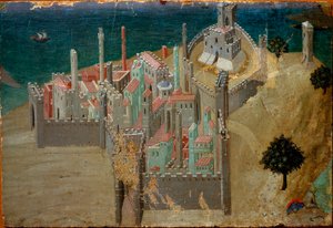 Vista de una ciudad fortificada cerca del mar (detalle)