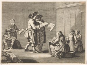 Cinco hombres y mujeres mirando las huellas de Ambrogio Orio