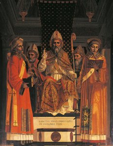 Italia, Lombardía, Cartuja de Pavía (Certosa), quinta capilla a la derecha, retablo con San Sirio entronizado de Ambrogio da Fossano conocido ("il Bergognone")