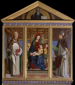 Virgen y Niño con los Santos San Hugo de Avalon (o Hugo de Lincoln) (1140-1200) y San Hugo de Grenoble (o Hugo de Chateauneuf) (1053-1132) Pintura de Ambrogio da Fossano dit il Bergognone (1481-1522) Catedral de San Justo, Susa, Turín de Ambrogio da Fossano (c.1460 1523)
