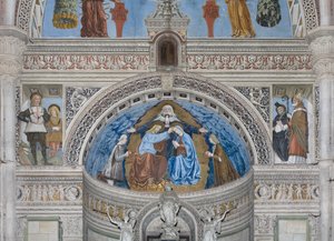 Coronación de la Virgen María con Dios y el Espíritu Santo entre Francesco y Ludovico Sforza de Ambrogio da Fossano