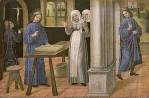 La oración, el milagro del tamiz y la partida hacia Subiaco, panel de predela de un retablo que representa escenas de la vida de San Benito, 1488-95 de Ambrogio da Fossano