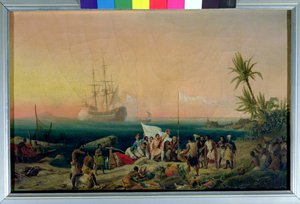 Jean de Bethencourt (c.1360-1425), navegante normando, descubriendo la isla de Lanzarote en 1402, 1848 de Ambroise Louis Garneray