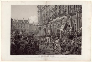 El 31 de julio de 1830, el general La Fayette presenta al duque de Orleans al pueblo en el balcón del Hôtel de Ville. de Ambroise Louis Garneray