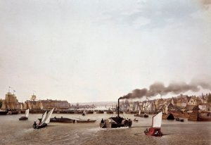 Vista del tráfico fluvial en el Sena hacia Rouen de Ambroise Louis Garneray