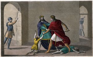 Childeberto I dejó que Clotario (Clotario) masacrara a los hijos de su hermano Clodomiro, rey de Orleans, cuyos estados compartieron. Diseñado y grabado por Ambroise Tardieu en 1825