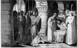 Childerico III (714-751) es destronado y confinado en un monasterio - Childerico III destronado y encerrado por Pepin el Breve en un monasterio en Saint Omer entre 742-749 - Grabado de 1825 en “Histoire de France representada por pinturas sinópticas dedica