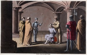 Childerico III destronado y encerrado por Pepino el Breve en un monasterio en Saint Omer entre 742 y 749. Diseñado y grabado por Ambroise Tardieu en 1825 de Ambroise Tardieu