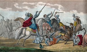 Clodoveo I (466-511), Rey de los Francos, Dinastía de los Merovingios - Durante la Batalla de Tolbiac contra los Alamanes, prometió convertirse al catolicismo si Dios le concedía la victoria - Dibujo y grabado por Ambroise Tardieu en 1825