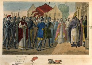 Dagoberto 603 a 639 bajando la bandera en St Denis - Dagoberto I (? - 639), Rey de los Francos, Dinastía de los Merovingios. Fundó la abadía de Saint Denis donde depositó el oriflama. Dibujado y grabado por Ambroise Tardieu en 1825.