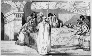 Muerte de Pepin de Herstal (635-714) rodeado de su familia - Muerte de Pepin de Herstal (abuelo de Pepin el Breve), rodeado de su familia y en presencia de Dagoberto III (en 714) - Grabado de 1825 en "Historia de Francia representada por pinturas sinóptica de Ambroise Tardieu