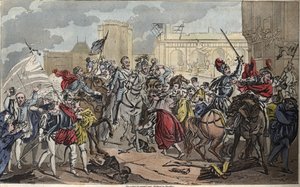 Entrada de Enrique IV en París: Enrique IV (1553 - 1610). La conversión del Rey al catolicismo dio el golpe final a la Liga, abrió las puertas de París y el corazón de sus súbditos, en 1594. - Dibujado y grabado por Ambroise Tardieu en 1825. de Ambroise Tardieu