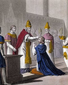 Luis II fue consagrado por segunda vez en el Concilio de Troyes por Juan VIII en 879 (detalle). Diseñado y grabado por Ambroise Tardieu en 1825