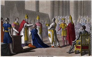 Luis II fue consagrado por segunda vez en el Concilio de Troyes por Juan VIII en 879. Diseñado y grabado por Ambroise Tardieu en 1825