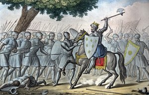 Luis VI, conocido como “el Gordo” (1081 - 1137), en la batalla de Brenneville, intenta quitar Normandía al Rey Enrique I en 1119. - Diseñado y grabado por Ambroise Tardieu en 1825
