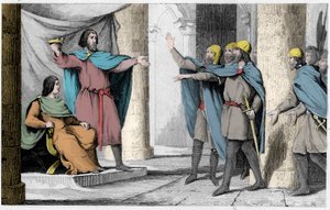 Luis V el Indolente muestra su corona a sus seguidores en 986 - Luis V el Holgazán (c. 967-987), proclamado rey de Francia por la protección de Hugo Capeto, quien se convirtió en rey de Francia, en 986 - Grabado de 1825 en “Histoire de France representada  de Ambroise Tardieu