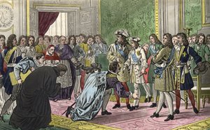 Luis XIV (1638-1715), rodeado de su familia y las figuras más importantes de la Corte, presenta a su nieto Felipe V a los enviados de España como su nuevo rey en 1700