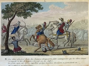 Meroveo (447-458) desafía a Atila en los Campos Cataláunicos cerca de Troyes con Aecio y Teodorico I. Es el presuntuoso Rey de los Francos-Salios y dio su nombre a la dinastía Merovingia. - Dibujado y grabado por Ambroise Tardieu en 1825. de Ambroise Tardieu