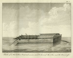 Boceto de un bote de fondo plano, como los que se usan para descender el Ohio y el Mississippi, publicado en 1826