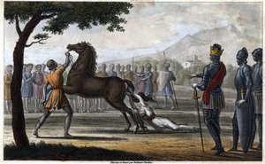 La muerte de la reina Brunilda de Austrasia, una princesa visigoda, casada con el rey Sigeberto I de Austrasia - Muerte de Brunehaut (o Brunehilde) ordenada por Clotario II (613). Dibujado y grabado por Ambroise Tardieu en 1825