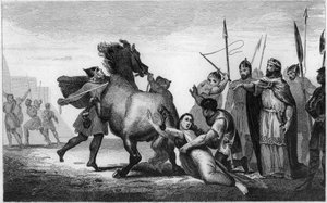 La muerte de la reina Brunilda de Austrasia, una princesa visigoda, casada con el rey Sigeberto I de Austrasia - tortura de Brunehaut: Brunehaut o Brunehilde (543-613), prisionera de Clotario II, es atada a la cola de un caballo fogoso en 613
