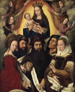 Holandés: María con el niño rodeada de ángeles, profetas y sibilas Deipara Virgo de Ambrosius Benson