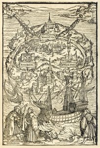 Mapa de la Nueva Isla de Utopía de una edición de 1518 de Utopía por Sir Thomas More (1478-1535), publicada por primera vez en 1516. Xilografía de Ambrosius Holbein (c. 1494-c. 1519) mostrando la isla con protagonistas de Ambrosius Holbein