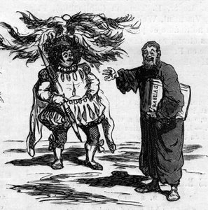 Alegría de Rabelais al ver que Gustave Doré se identifica plenamente con los hombres de su escritura. Caricatura de Cham. Grabado en "Le Monde Illustré" n°821 del 4 de enero de Amédée de Noé
