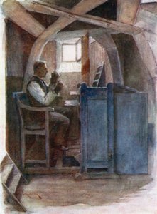Campanero tocando una campanilla (litografía en color)