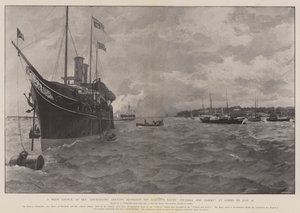 Un consejo privado en el mar, consejeros llegando junto al yate de Su Majestad Victoria y Albert en Cowes el 26 de julio de Amedee Forestier