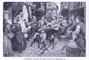 Una escena callejera en los días de Eduardo II, de Cassells History of the British People publicado por la Waverley Book Company Limited, c.1940 de Amedee Forestier