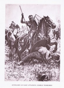 Caballería auxiliar atacando a tribus germanas, ilustración de El Soldado Romano, 1928