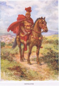 Imperator: originalmente, como aquí, el general romano victorioso era saludado por sus soldados en el campo. Más tarde, el título se reservó solo para los emperadores, ilustración de El Soldado Romano, 1928 de Amedee Forestier