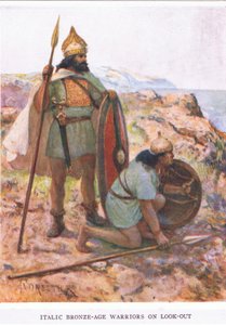 Guerreros de la Edad del Bronce Itálica en la vigilancia, ilustración de 