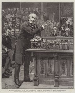 El Sr. Gladstone explicando a la Cámara de los Comunes su esquema para el gobierno de Irlanda, jueves, 8 de abril de Amedee Forestier
