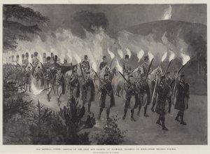 Nuestros huéspedes imperiales, llegada del Zar y la Zarina a Balmoral, escoltados por Highlanders con antorchas de Amedee Forestier