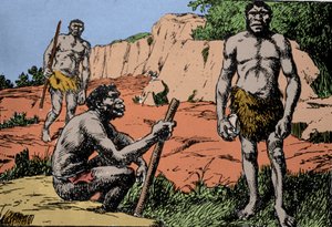 Prehistoria: representación de Homo rhodesiensis o hombre de Broken Hill, ancestro de Homo sapiens, cuyos fósiles fueron descubiertos en Rodesia (actual Zambia en África). Dibujo de A. Forestier. DR