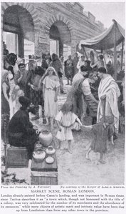 Escena de mercado romano, Londres, ilustración de 