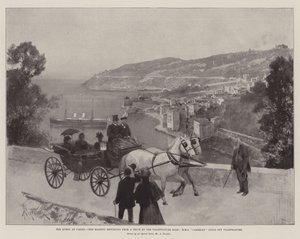 La Reina en Cimiez, Su Majestad regresando de un paseo por la carretera de Villefranche, HMS Cambrian anclado frente a Villefranche de Amedee Forestier