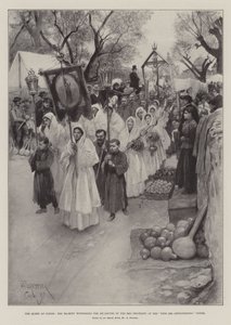 La Reina en Cimiez, Su Majestad presenciando la salida de los Penitentes Rojos en la Fiesta de los Cougourdons, Cimiez de Amedee Forestier