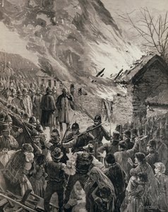 La Guerra de Rentas en Irlanda: Quemando las casas de los inquilinos desalojados en Glenbeigh, Condado de Derry, de 