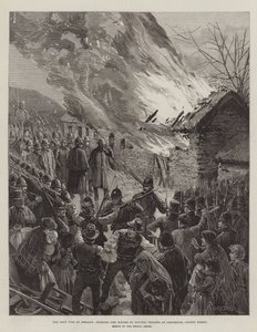 La guerra de las rentas en Irlanda, quemando las casas de los inquilinos desalojados en Glenbeigh, Condado de Kerry de Amedee Forestier