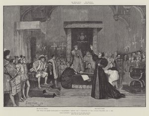 El juicio de la Reina Catalina en Enrique VIII de Shakespeare, producido en el Teatro Lyceum, 5 de enero de 1892 de Amedee Forestier