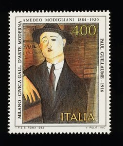 Sello postal de la serie de artes italianas en honor a Amedeo Modigliani (1884-1920), retrato de Paul Guillaume (1916), sello de 400 liras