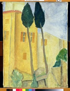 Árboles de ciprés y casa de Amedeo Modigliani