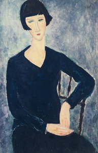 Joven mujer con flequillo o joven sentada con vestido azul de Amedeo Modigliani