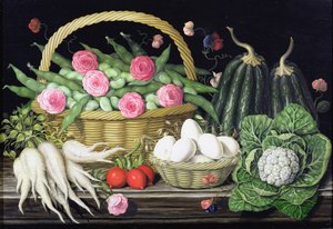 Huevos, habas y rosas en cesta, 1995 de Amelia Kleiser