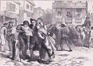 Bostonians leyendo el Acta del Sello, ilustración de la Historia de los Estados Unidos de Cassell publicada por Cassell, Petter & Galpin, c.1900 (litografía) de American English school